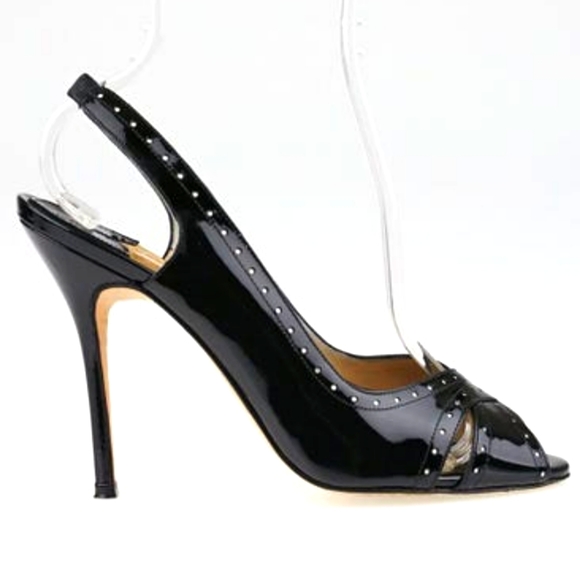 Manolo Blahnik Shoes - MANOLO BLAHNIK Slingback Sandals Black Perforated Patent Size 39 Peep Toe Pump